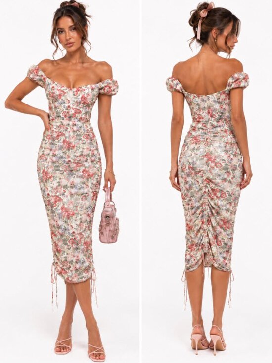 SABO Dresses & Skirts - Off‑Shoulder Floral Midi Dress in Pink and Cream